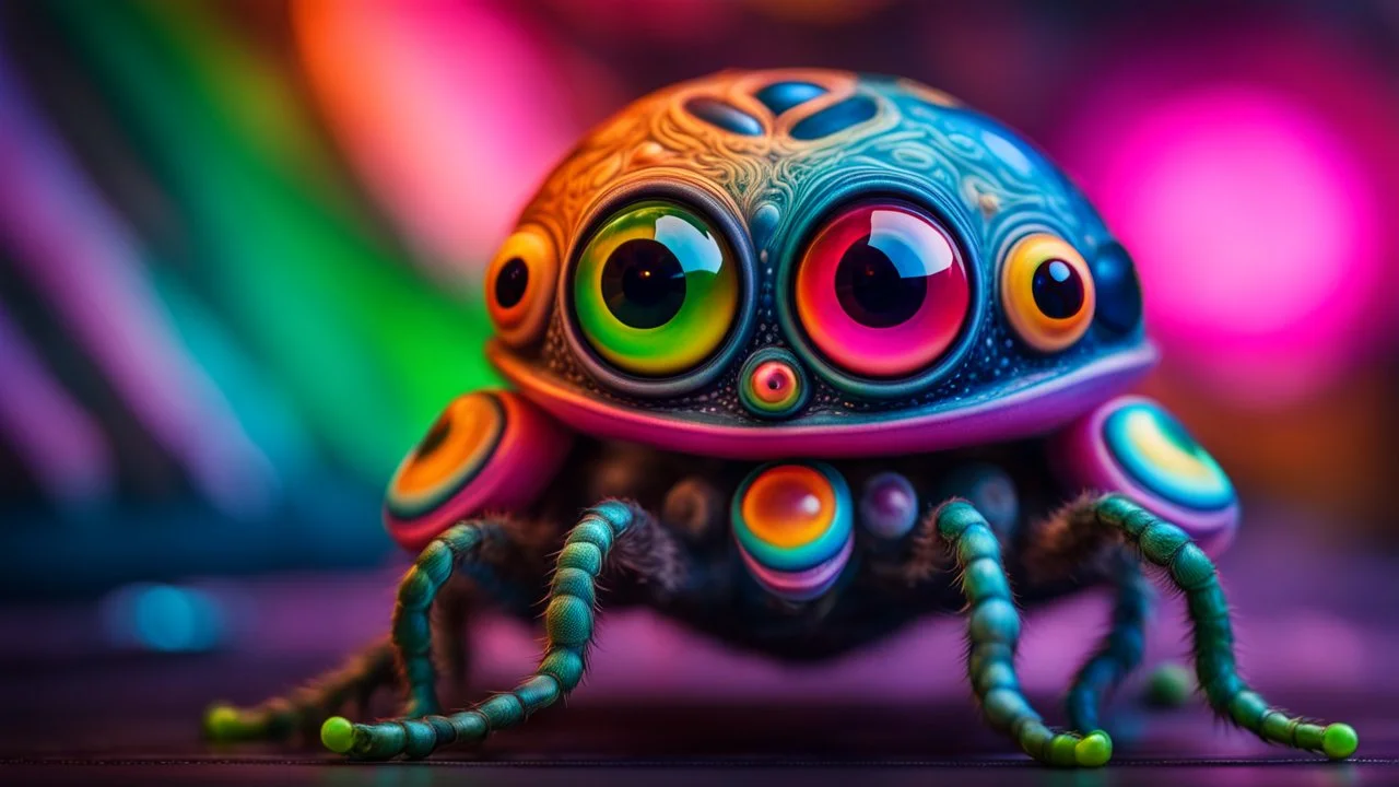 A middle size, jelly-like big eyes-on-stalks, fatt body colorful pastel patterned skin alien creature tanding a floor, full body, high detailed, high textured, sharp focus, deep colors, Professional photography, bokeh, natural lighting, canon lens, shot on dslr 64 megapixels , blur background with neon light, office