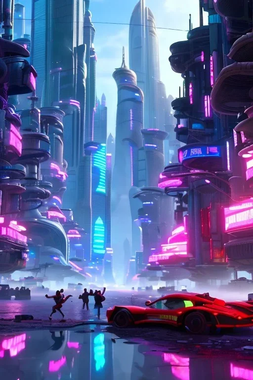 a bustling futuristic cyberpunk city street, reflections, luminous,