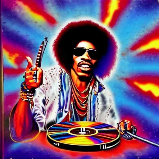 a realistic picture of Jimi Hendrix at a turntable with headphones on being a DJ, vivid color, with sunglasses, psychedelic trippy art