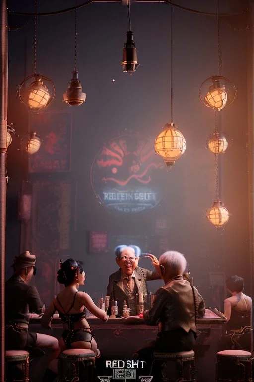 Waist up view cabaret scene, steampunk. old Asian man and little monkey, Sunglasses, smoking, happy, hot. Many people background, highly detailed, concept art, unreal engine 5, god rays, ray tracing, RTX, lumen lighting, ultra detail, volumetric lighting, 3d, finely drawn, high definition, high resolution.