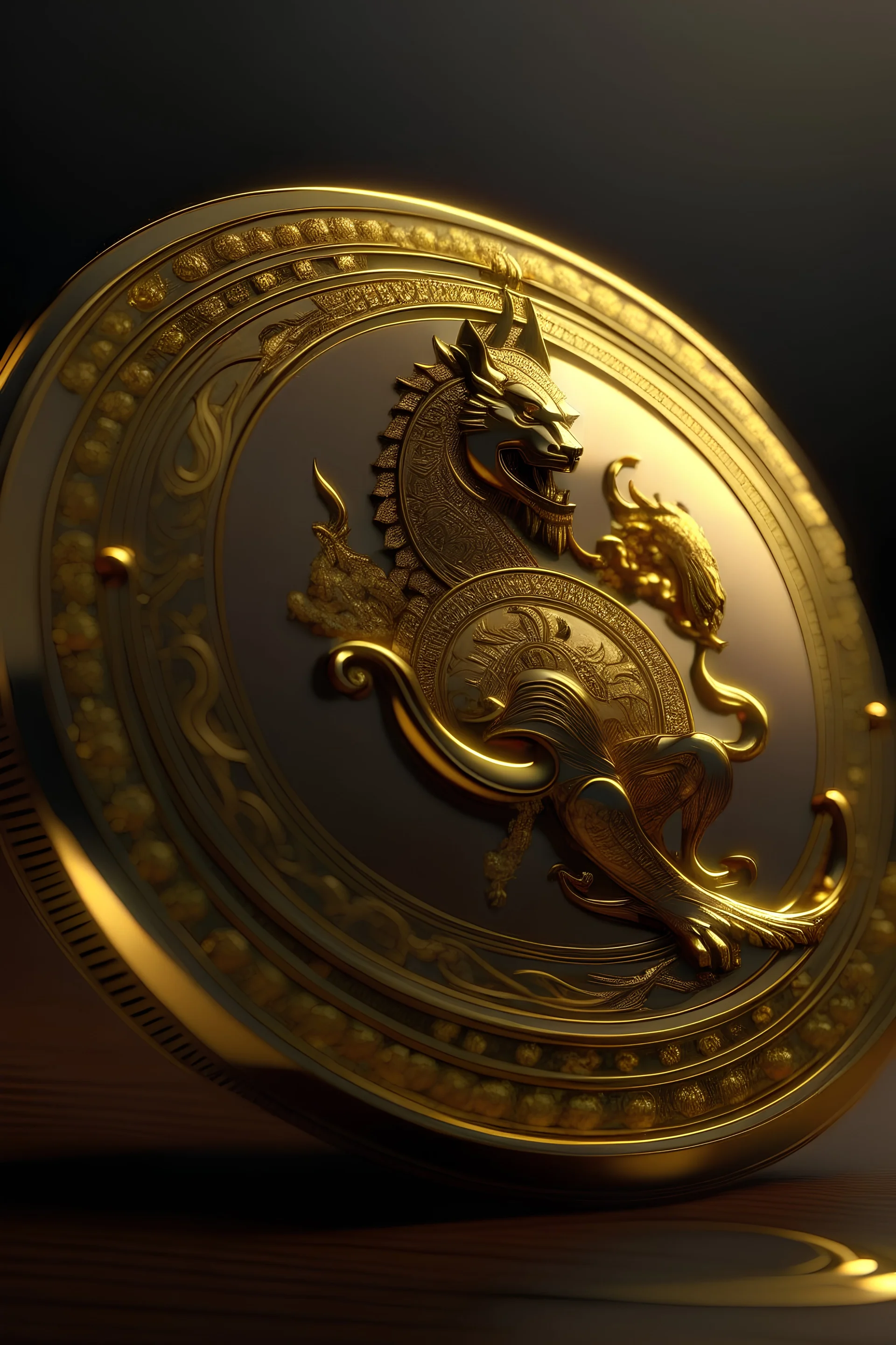 a single gold coin standing on edge with angles from its front and back, of fantasy concept art, exquisite realism, a masterpiece, dynamic lighting, hyper detailed, intricately detailed, Unreal Engine, crown on the front of the coin, crossed swords on the back