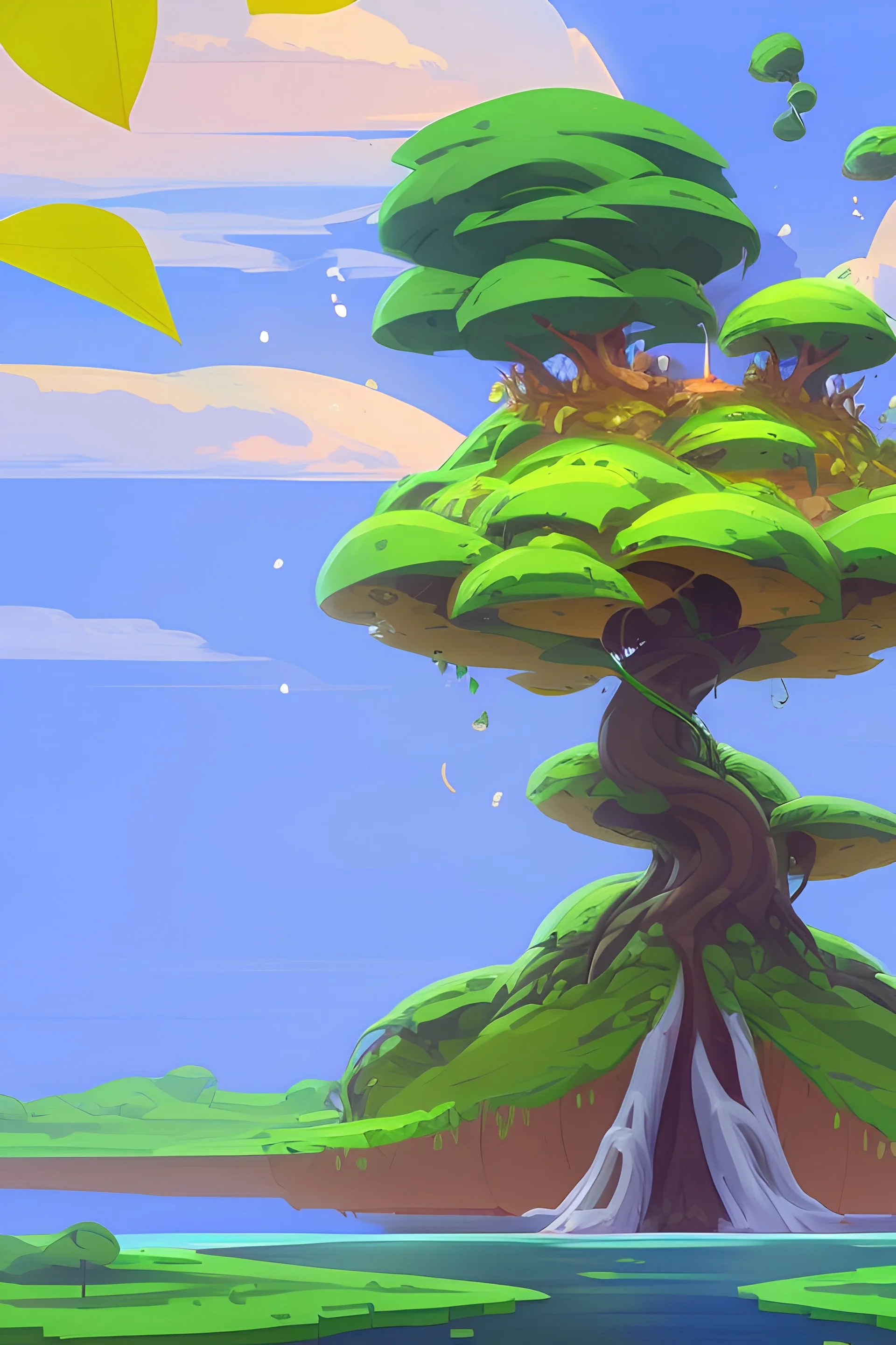 big floating island with a giant gold leaves tree on it