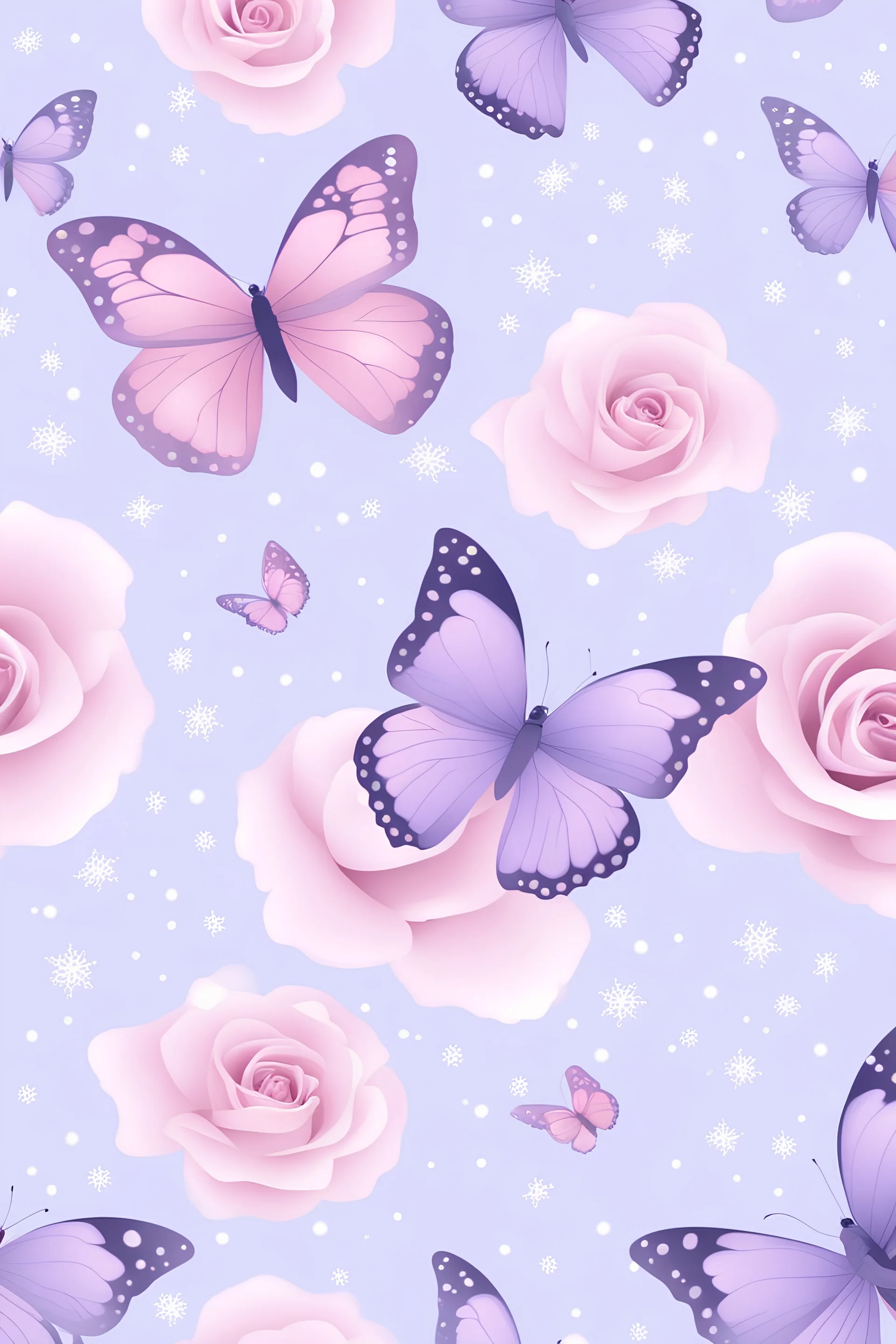 Light pink and light purple butterflies in the snowy winter with roses