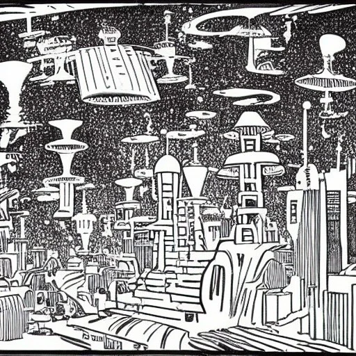 Village in the cosmos in Winsor McCay style and dr seuss style