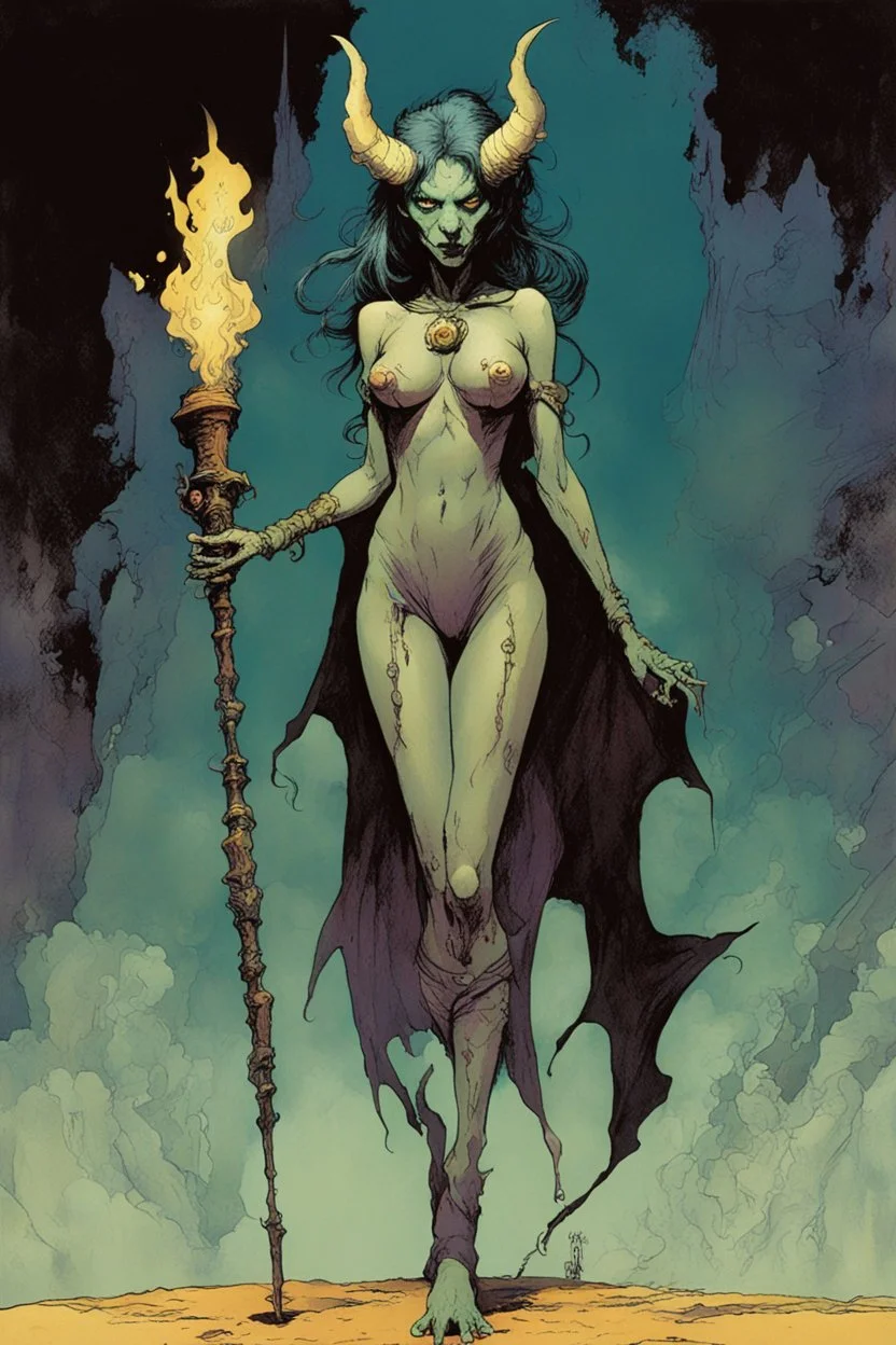 Demon girl wizard Halloween, fullbody, feet point view, in the comic book art style of Mike Mignola, Bill Sienkiewicz and Jean Giraud Moebius, ,