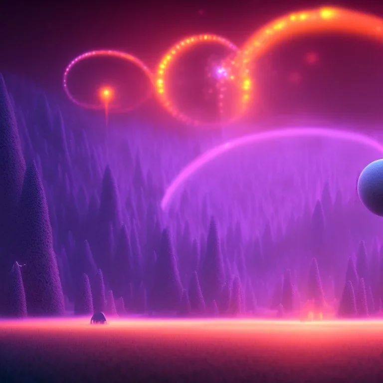 ALIENS FLOATING in the fog, spherical clouds, river valley, GLOWING, PURPLE, orange, pink, stars, TOWERS, 4K, 8K, CINEMATIC