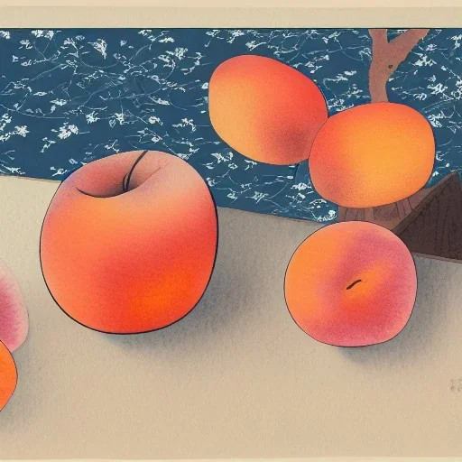 Ukiyo-e style illustration of three watercolor peaches stilllife