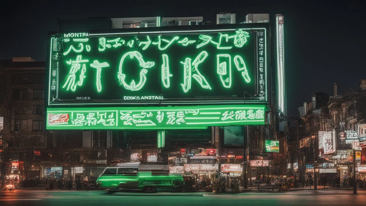 a billboard branded writing ODK Tokusentai , with neon light green and white , in the city center, at night . At Montréal