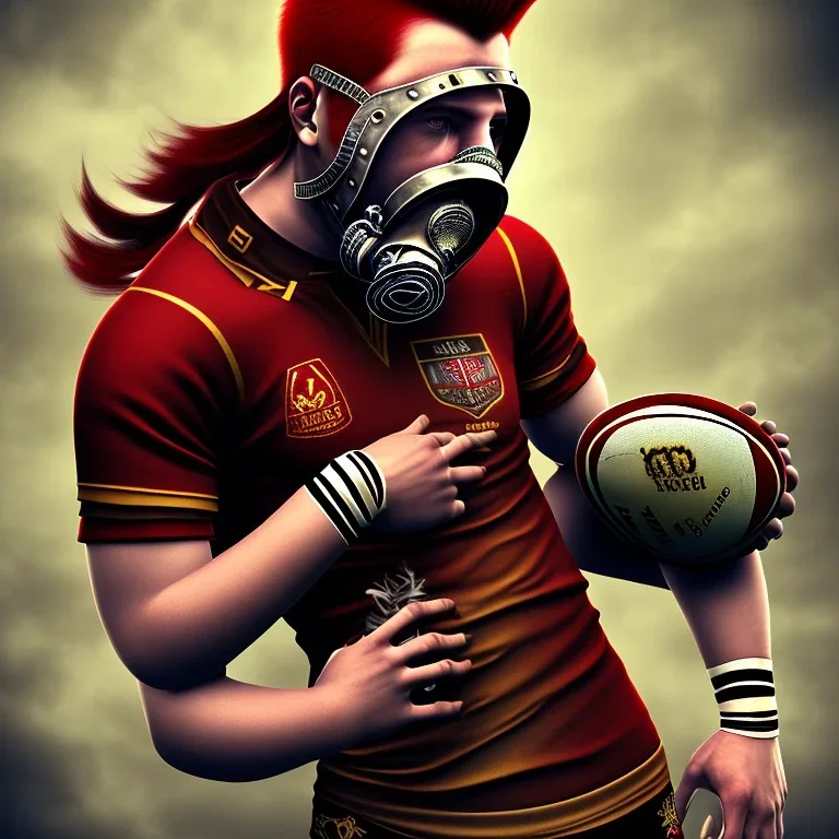 Joueur de rugby steampunk, cheveux roux, crête punk, masque à gaz, maillot noirs numéro 13 charge un adversaire