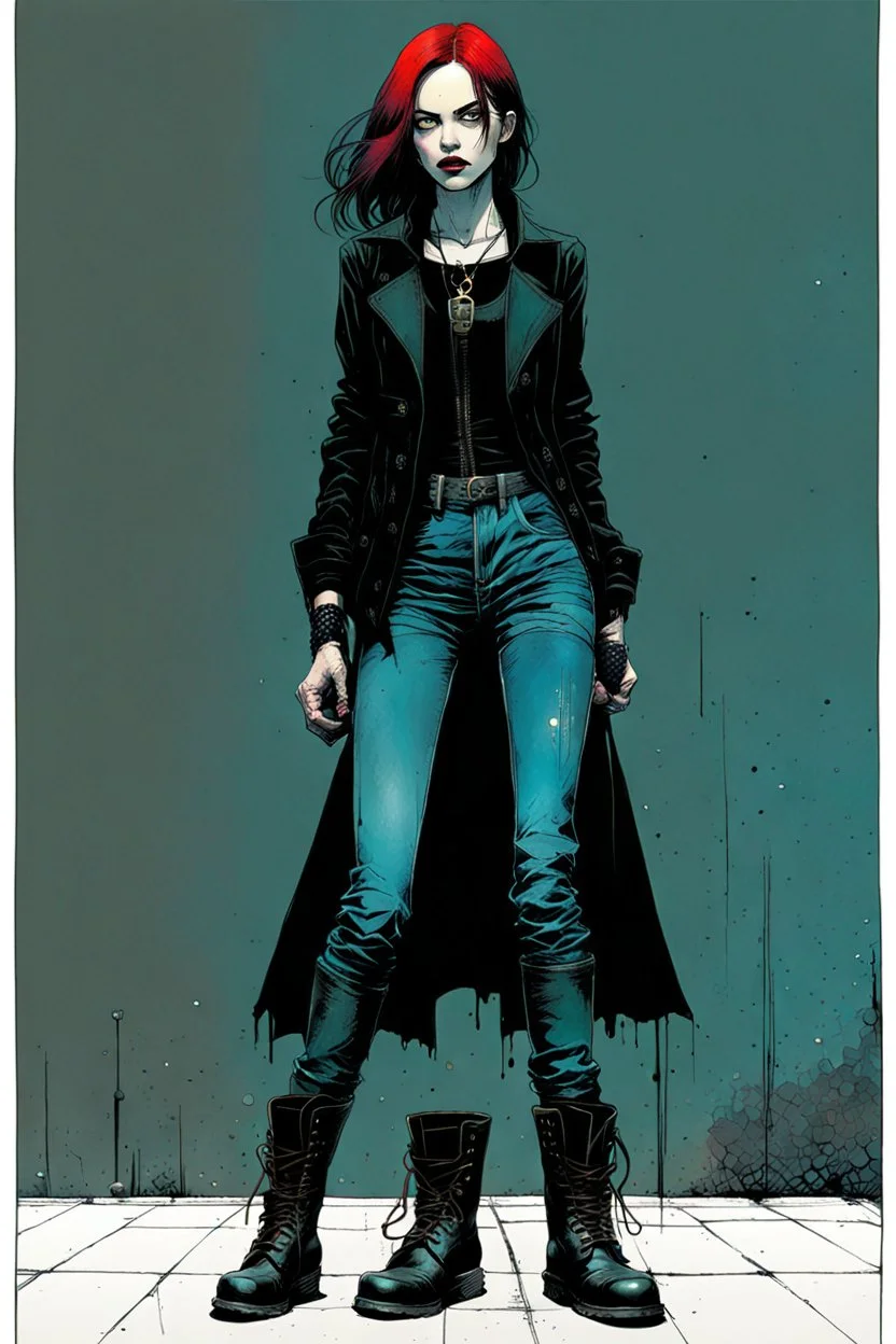 Create and fine print full body illustration of a Goth Girl with finely lined and detailed facial features in a ragged gothic dress ,battered combat boots, , in the graphic novel style of Bill Sienkiewicz, and Jean Giraud Moebius, precisely drawn, colored and inked