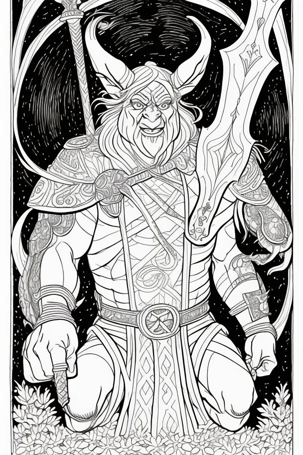 coloring book page of a gigantic troll holding a sword