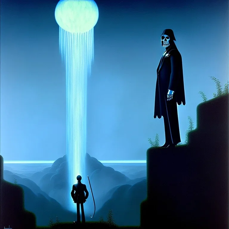 The Grim Reaper in Tron world, considering the future of the universe, art by Magritte and Elliot Erwitt