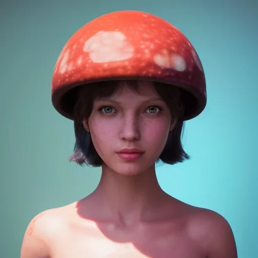 Mushroom head girl unreal 5, octane render, cinema4d, redshift render, hyper realistic, cenematic, vibrancy, synthwave, retouch, centered, dynamic lighting, dramatic lighting, 4k, highly detailed, attractive beautiful, realistic, epic composition, holographic,