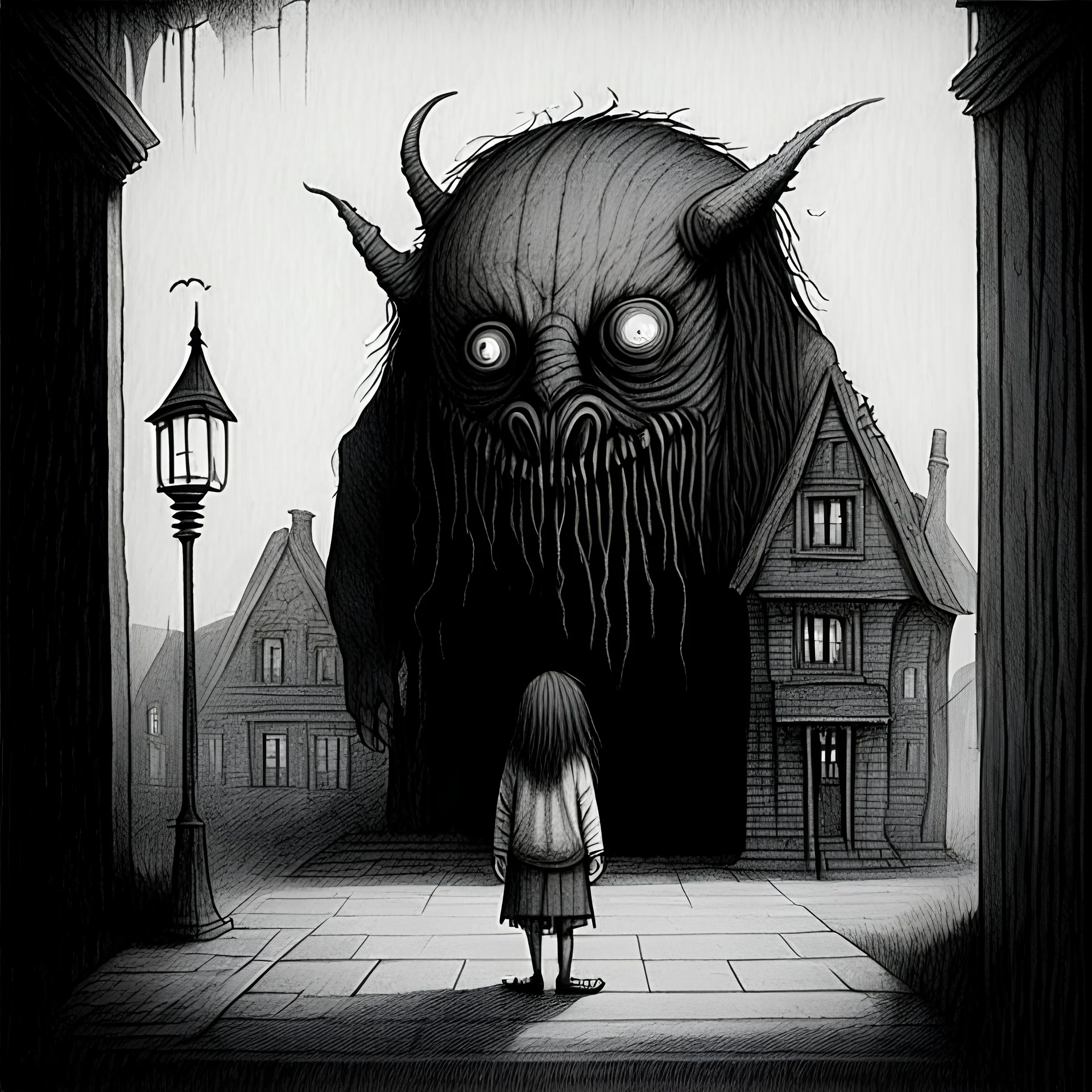 creepy, horrifying, sinister, Style John Kenn Mortensen, line art