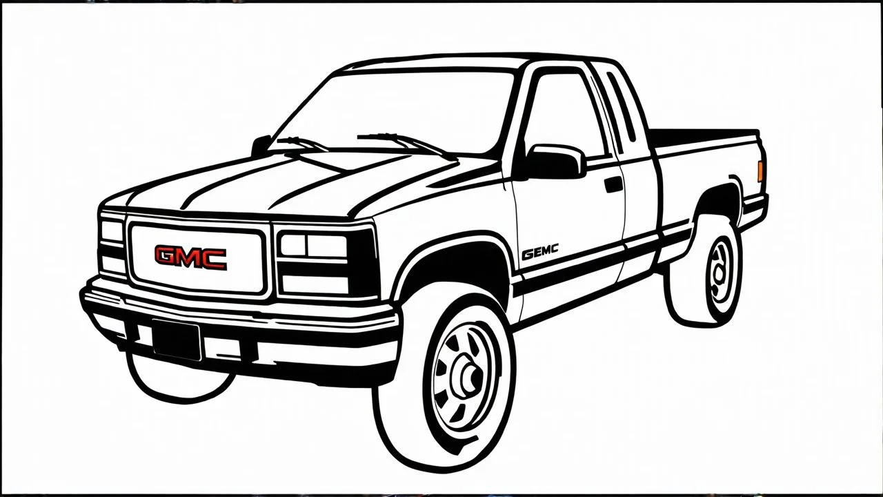 redraw this image of a 1991 GMC sierra with extended cab, line art with improved quality
