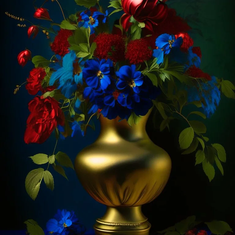 Flowers in midnight blue flowers, red flowers and green leaves in a gold vase. Light background