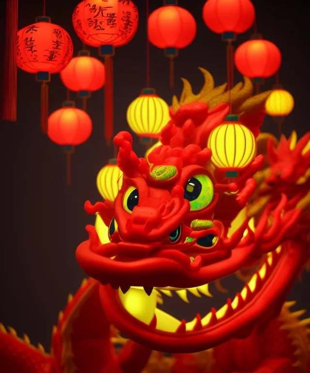 cute baby chinese dragon surrounded by lanterns, colorful detailed photo realistic 3d pixar render 4k, trending on artstation