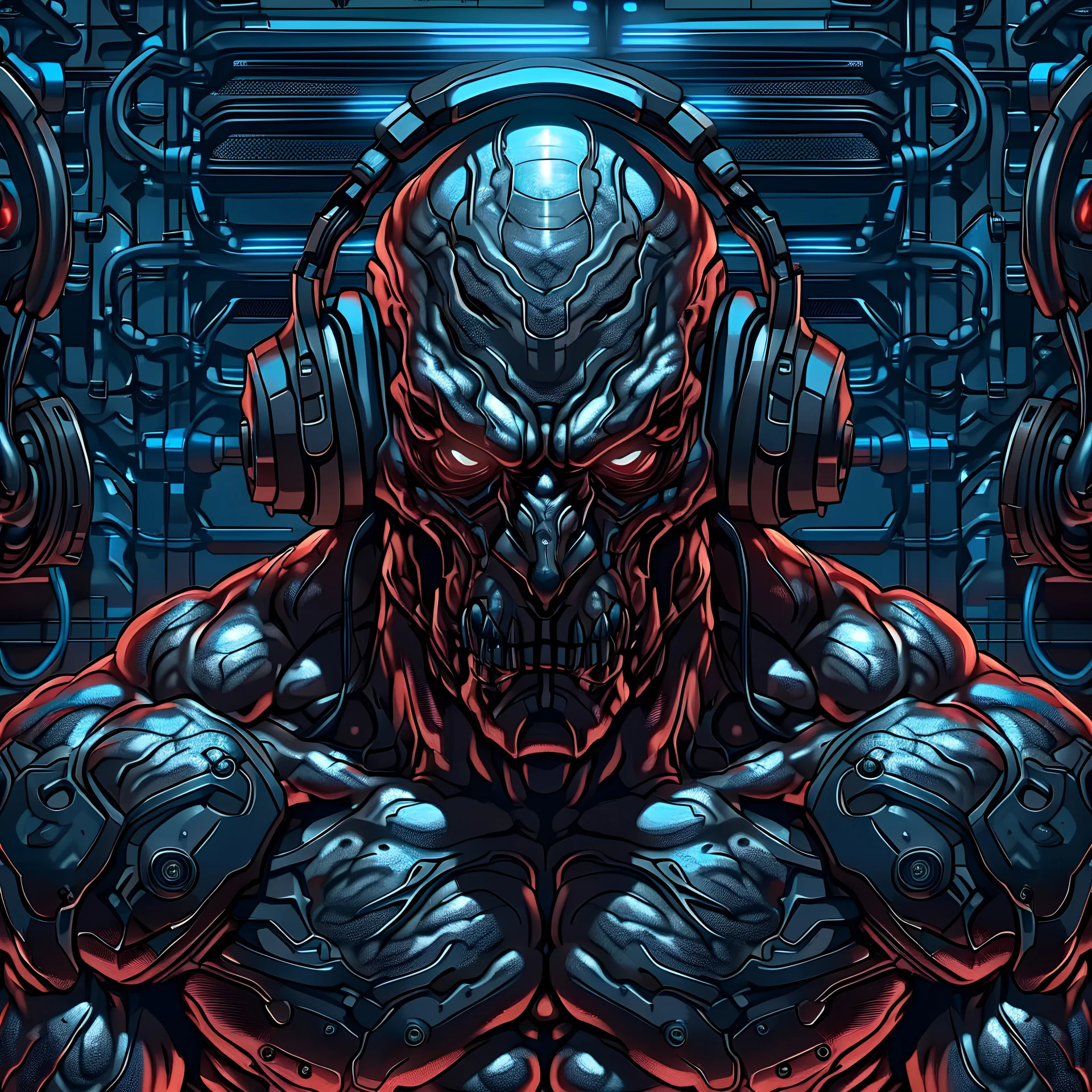 Monster, muscular, front face, mask face, headphones, gym, cyberpunk