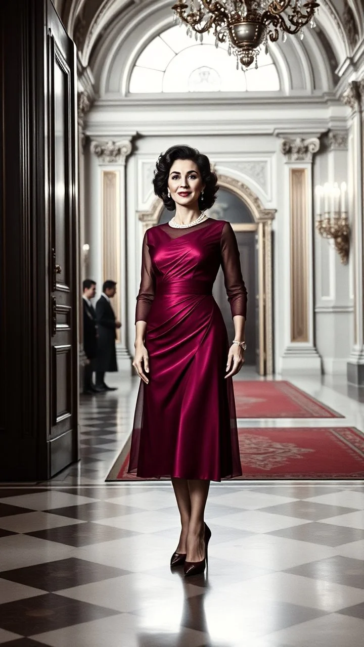 Elizabeth Taylor standing in a royal hall with very beautiful dress and high heels