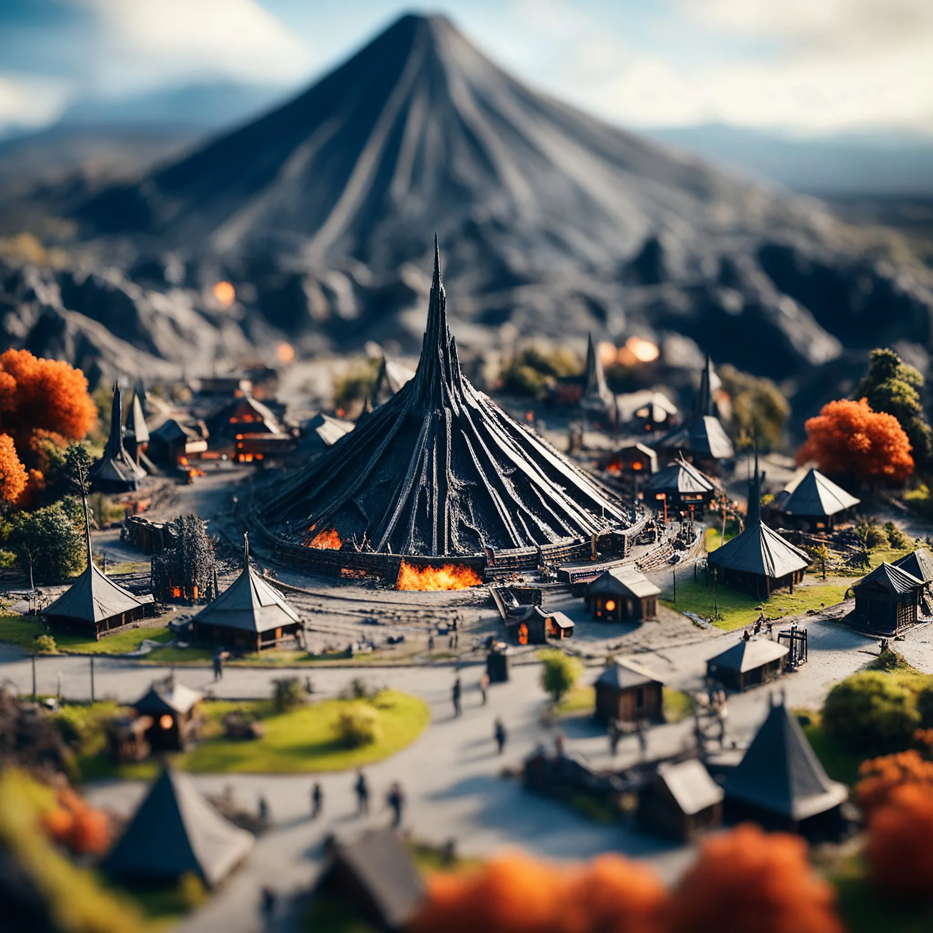 Miniature village Mount Doom Sauron tilt-shift