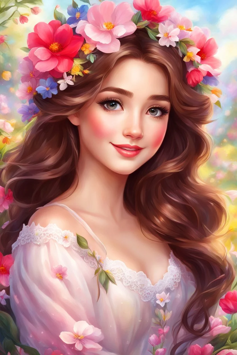 Adorable digital painting of a beautiful young girl fully dressed in gorgeous spring petals, portrait of Belle, magical wreaths, front view, beautiful smile, long brown hair, big eyes, beautiful face, rosy cheeks, red lips, Belle's face, digital art, surrounded by colorful spring flowers, beautiful fantasy art portrait, beautiful scenery in the background, romantic style, magical world, high quality, 4k