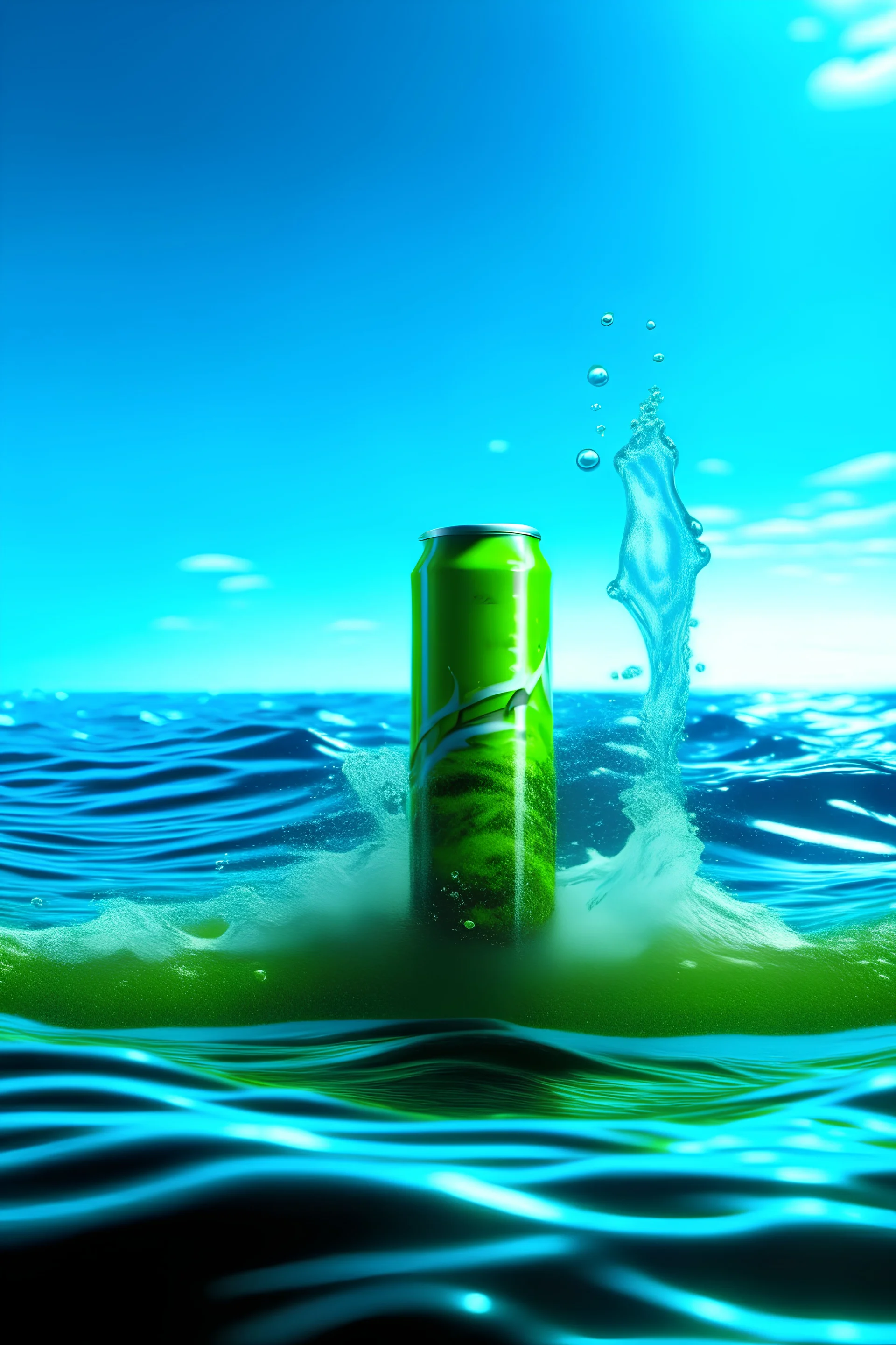 Energydrink, im Meer, der Name "OceanBoost" sollte ersichtlich sein, mit algen im hintergrund es sollte realistisch aussehen