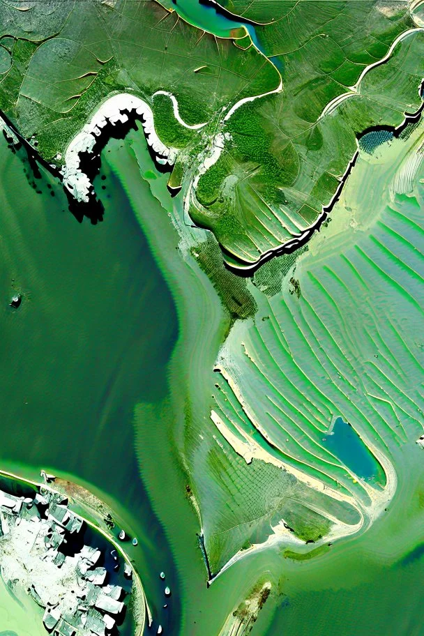 Satellite view of estuaries and boats