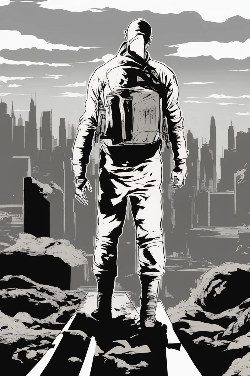 man, standing, silhouette, comic book,post-apocalypse, white background,