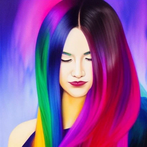 Full body portrait, painting, medium shot lady rainbow fractal hair