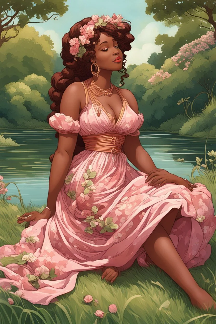 An art nouveau painting art illustration of a curvy black cartoon woman sitting relaxed on a sunny riverbank, lush green grass surrounding her. Facing left in profile, she has flowing chestnut hair styled in an elaborate braided twist. complementing the pink floral maxi dress wrapped snugly around her exaggerated curves. One hand touches her cheek lightly as she looks to the distance, brown eyes enhanced by long lashes and purple eyeshadow. Bold brown lips match the brown flowers on her dress