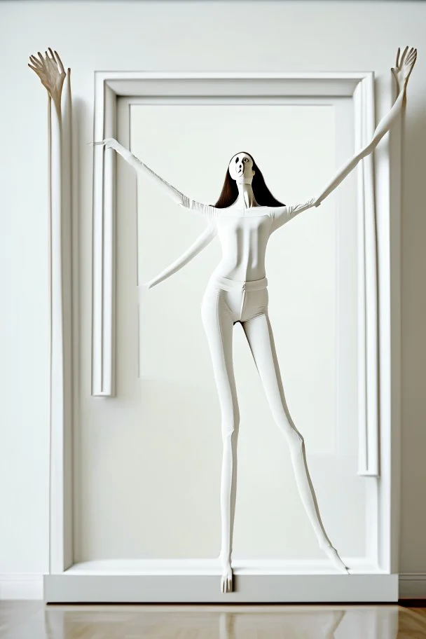 a tall slender woman is standing in front of a large white picture frame displayed on the wall of an art gallery. The frame is traditional in style but looks like and has the texture of white clay. Her arms are outstretched like da vinci’s vetruvian man, and the length of her arms and body corresponds to the width of the picture frame. Her feet are perched on a surreal small shadow rock and it looks like she is floating above calm water. The picture is without canvas but an abstract landscape em