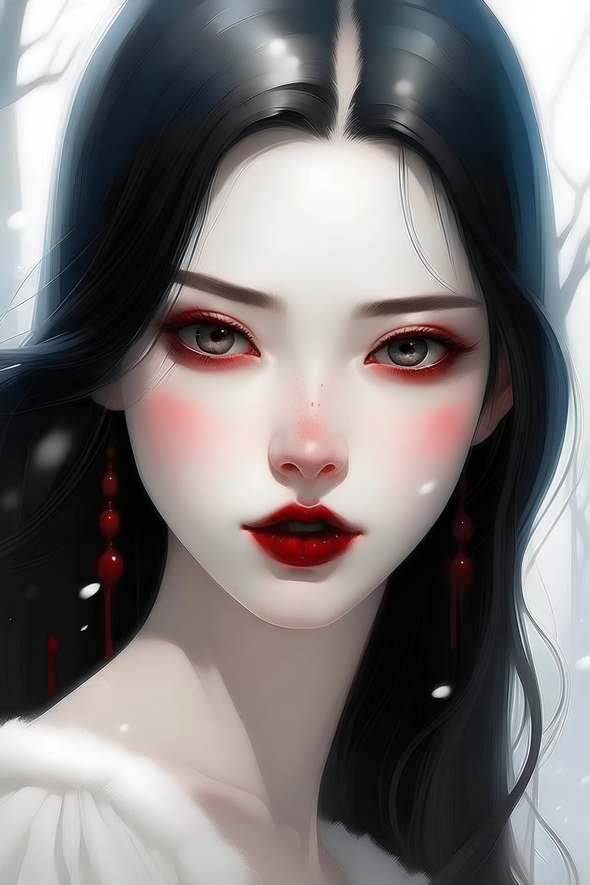 una niña con la piel tan blanca como la nieve, de labios carmesíes y cabello oscuro, con una dulzura en sus mejillas y ojos