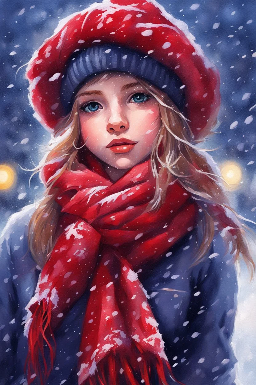 Painting of a cute girl in a red hat and scarf, pretty face, snowfall in the background, bright night