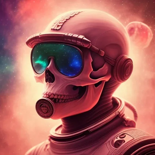 Midjourney style of detailed and intricate skull wearing red sunglasses| wearing cosmonaut suit| portrait and science fiction theme| aurora lighting| nebula and stars| stunning environment| volumetric lighting| vibrant