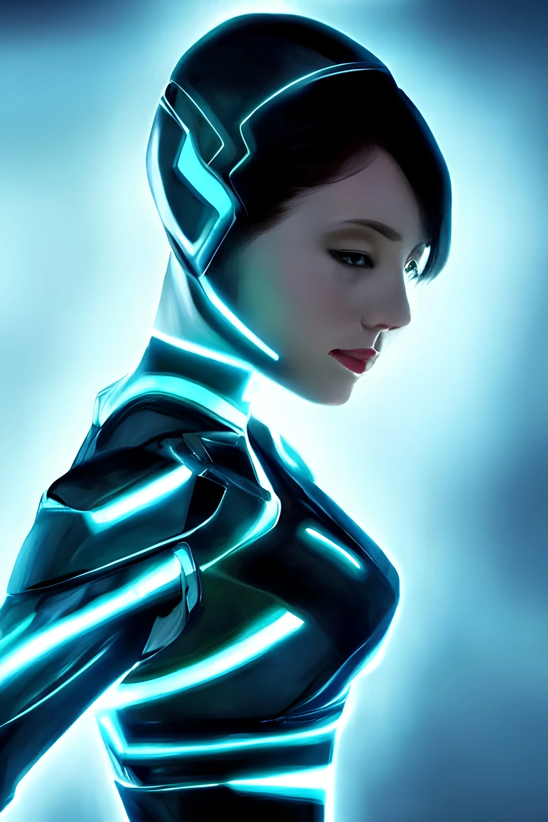 portrait, beautiful stunning lady and goddess, full body shot, medium shot, abstractfuturistic, style of Tron, style of Minority report, style of Iron Man