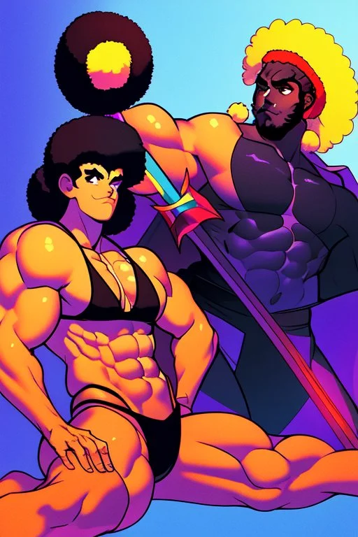 70s graphic illustration, highly detailed, style of Black light poster design in the style of George Goode, of a retro futuristic scene of a “a black man warrior with an afro, lean build, muscular definition, yielding a large sword, while a beautiful black woman with an afro wearing nothing but a bikini, sits next to him but on the ground, the background bursts with fluorescent pink flame, trippy, aura, neon fluorescent glow, psychedelic, shimmering, fluorescent colors, mystique,