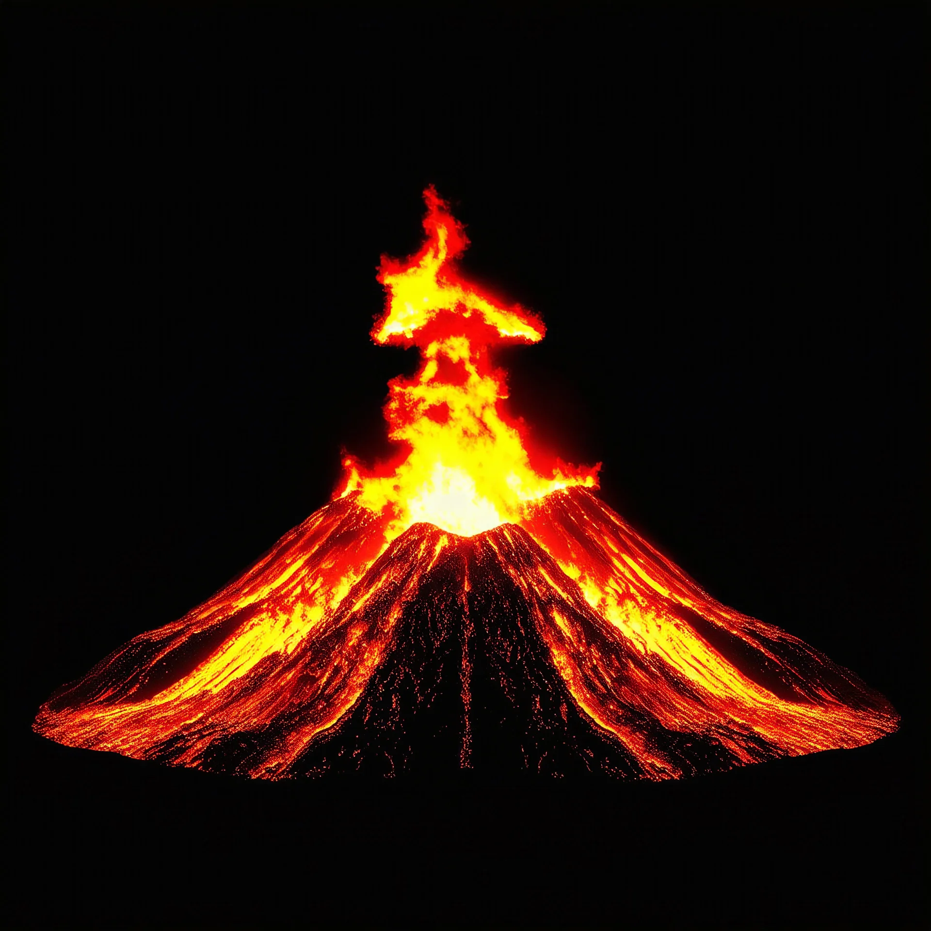 great high volcano on fire, symmetrical, minimalistic, on black background , black and white