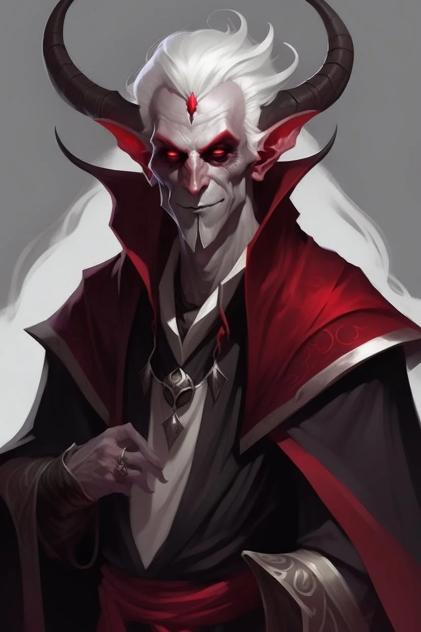 lowborn male dark-red skin demon tiefling white hair dark cloak dnd