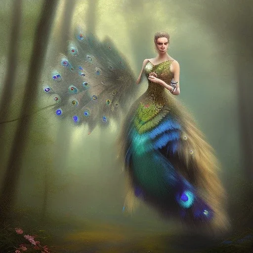 bear peacock as woman, fine pencil, spray paint, chalk, blurred forest background, mist, sunrays