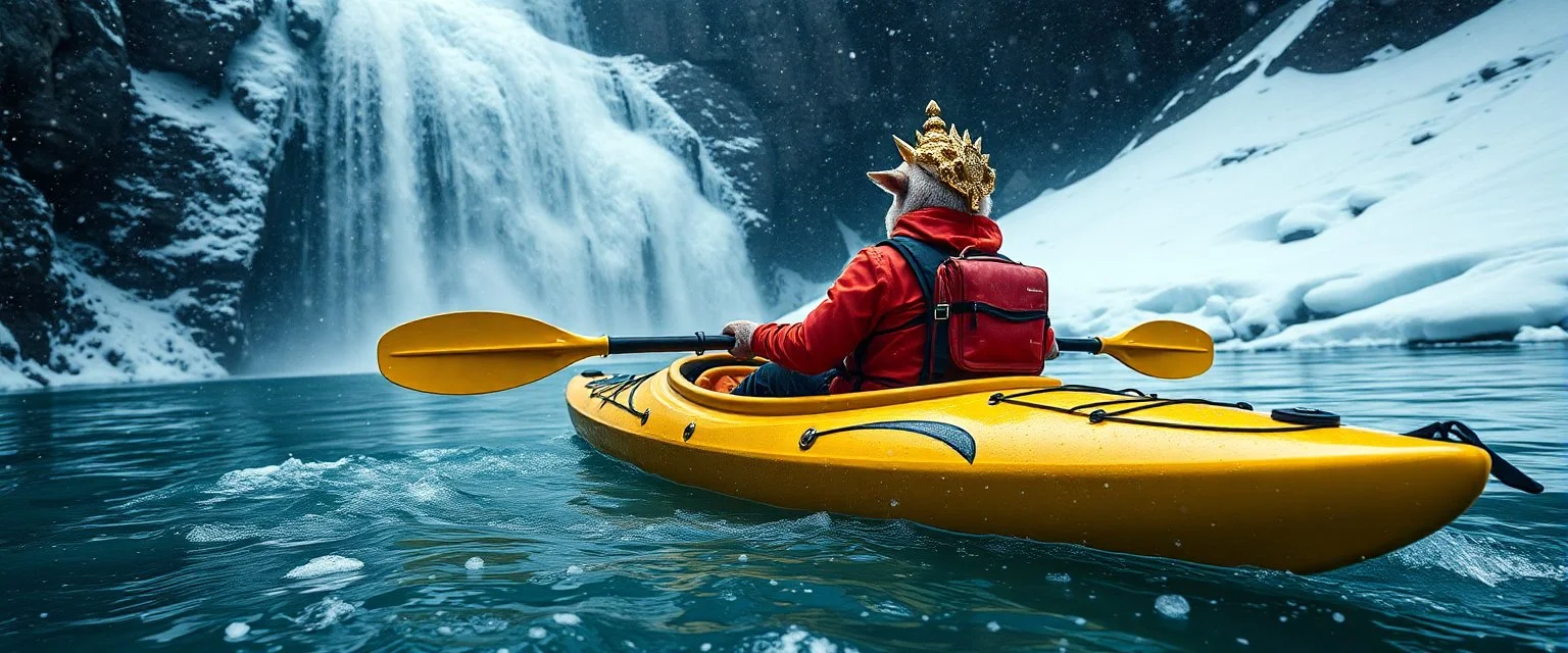 kayak in the valley of the super happy guru explorer in deep trouble by the water fall, glitter disco glam luxury sadist spiked camel pig in snow storm