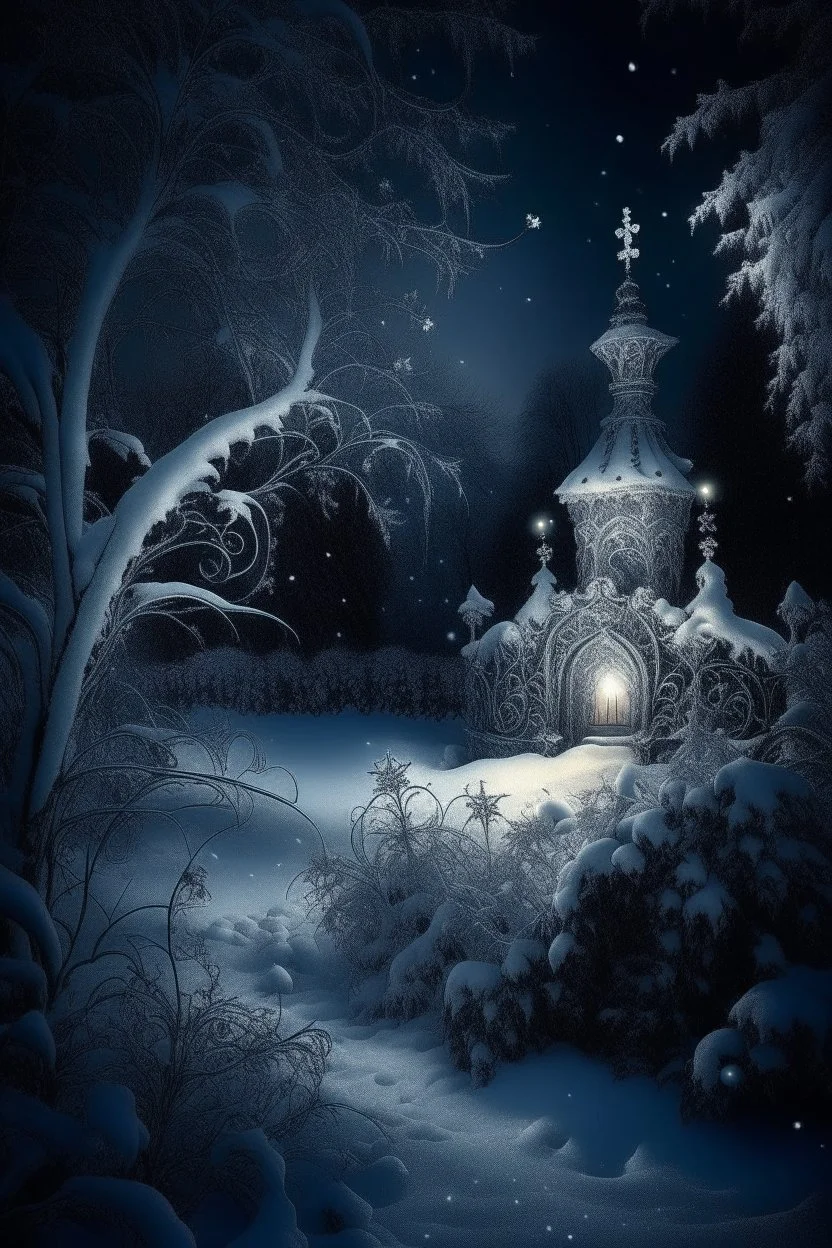 fairy tale, magical winter night, snow, filigree, beautiful, aesthetically pleasing