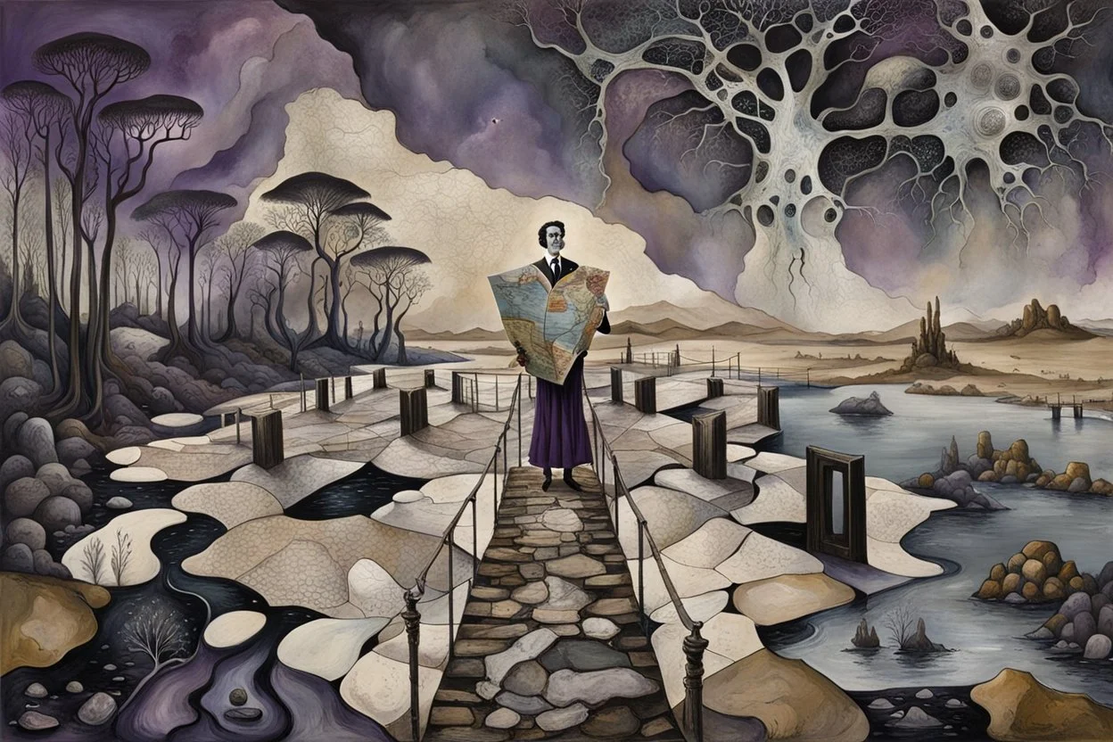 face to the camera in midle one alone human figure with a big map his hands in weird whimsical clothes stands on thin weird bridge , weird whimsical landscape, forest, and Sahara water and rocks,, around surreal cracked painted weird land with some black doors. dark purple, gray, black, white, brown. Whimsical style of Chagall , of Minjae Lee and Tim Burton, absurd beauty. broken, weird bizarre absurd, nightmare, neuron network background, surreal vibe