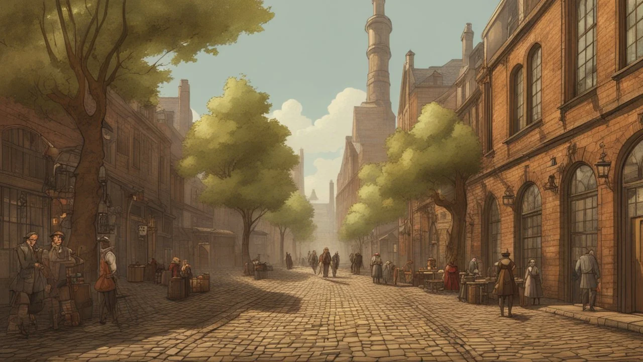 industrial steampunk street with cobbled pavement, people, trees