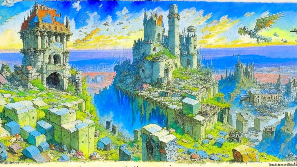 Destroyed City, medieval ruins, debris, stone, breched, brocken, Perspektiv from the sky, by Jean-Baptiste Monge, Ivan Bilibin, Albert Bierstadt, Reza Badrossama, watercolor, intricate details, fantasy, beautiful, oil on canvas, award winning, imperial colours, fantastic view, radient colours, very attractive, crisp quality