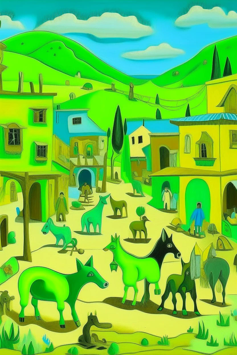 A lime green western town with animals painted by Pablo Picasso