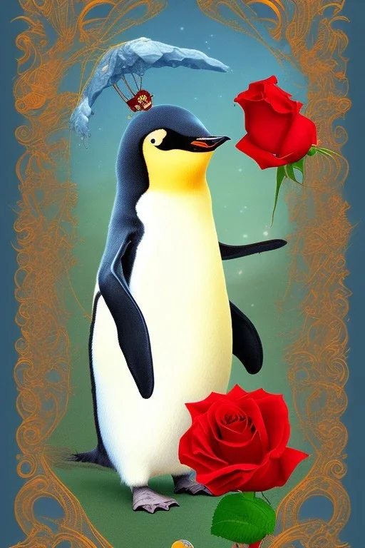 Der kleine Prinz als Pinguin mit Rose im Flügel.