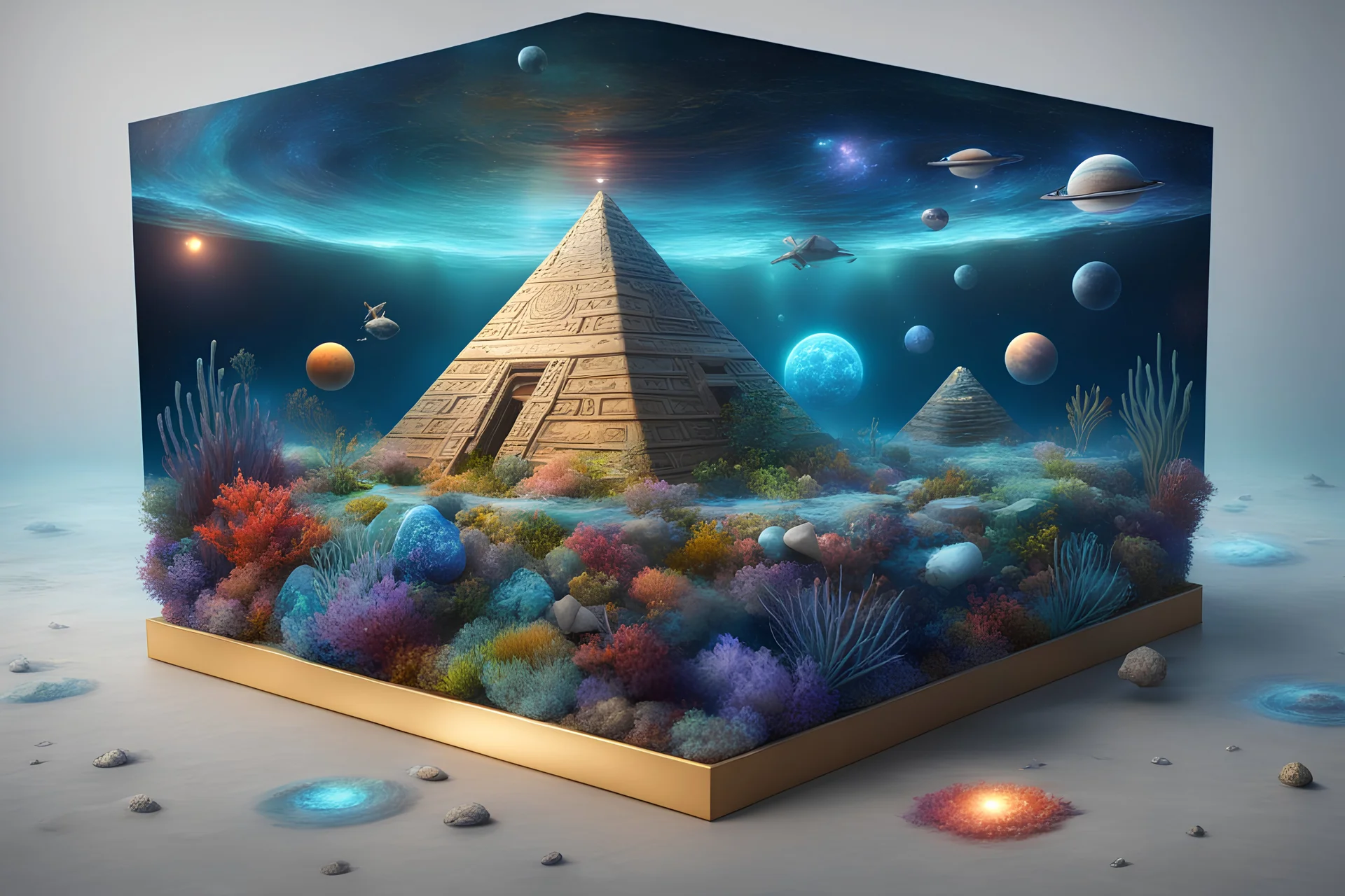 hyperrealistic, 4k, box for storing things with beautiful drawings a lot of colours, very detailed, subnautica, pyramid in the middle, sea plants, seal leviathan, few planets, space, galaxies,