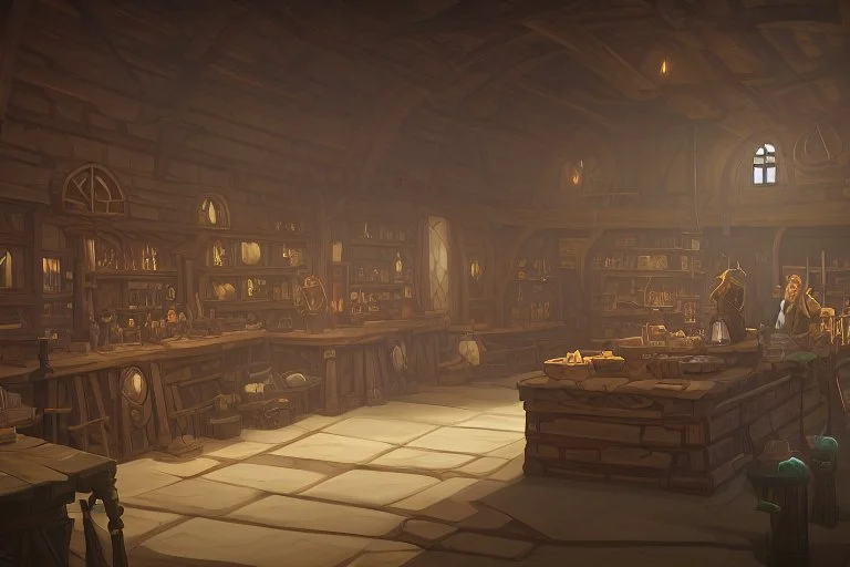 inside of a medieval shop, wooden walls, log pillars, stone bar with shop keeper behind it, magical ingredients on display and weapons on display. people, elves, goblins, orcs, dwarves and lizard folk in room. low lighting and creatures in containers. shelves half empty