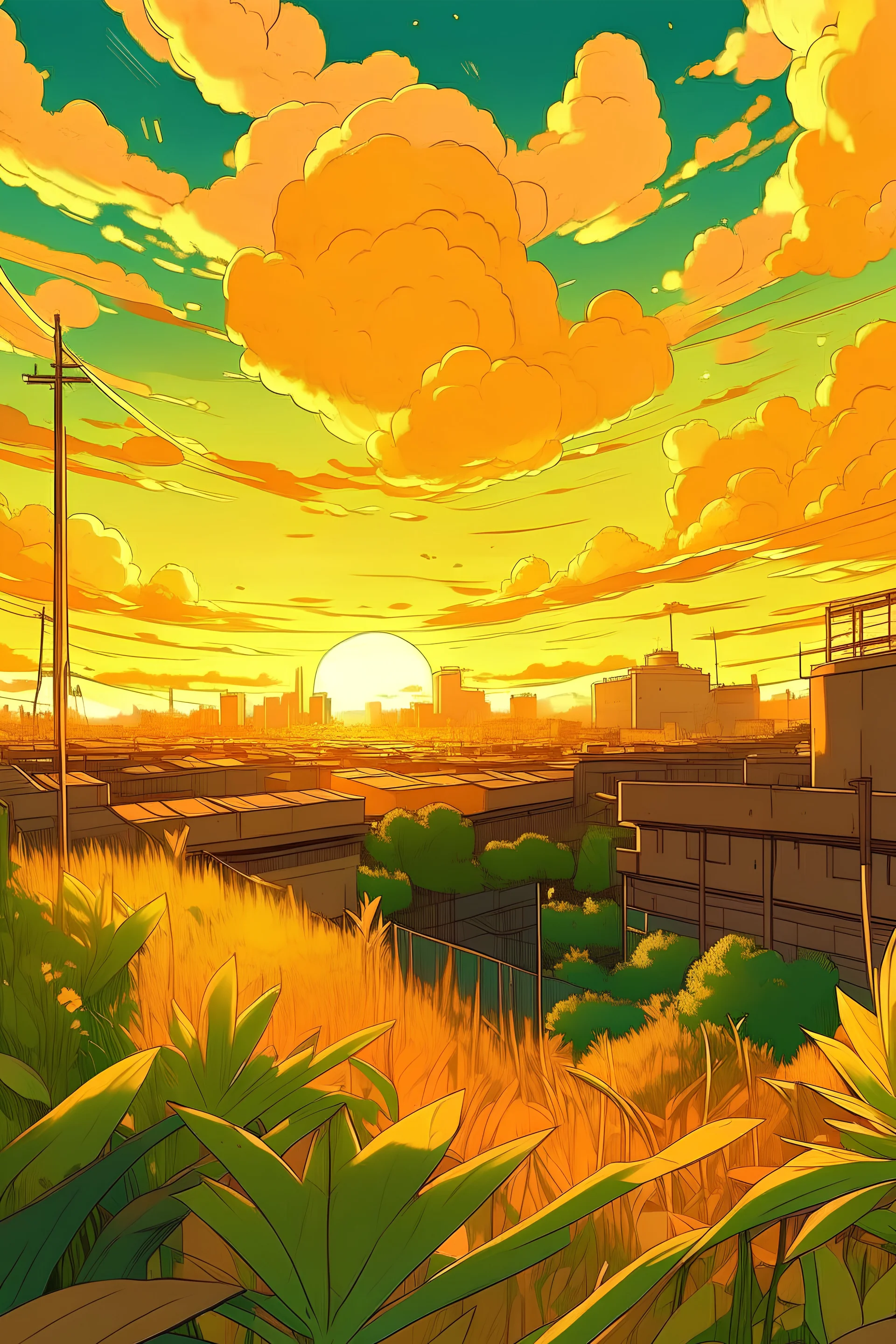 overhead shot, scify city, evening time , sun set, plants, grasses, orange, yellow sky, dynamic white clouds, magnificent, vibrant, hdr, 4k, 8k, anime style, vector art, low angle shot, aesthetic, Mysterious sketch