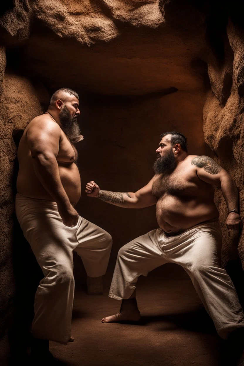 full figure shot photography of two chubby stocky arabs prisoners fighting close, 49 years old in white boxer and dirty tank top, short hair, beard, hairy, sweat, tattoo, in a dark cave, ugly, bullneck, muscular, manly chest, manly arms, emotive eyes, photorealistic, ultradetailed, 32k, ambient occlusion, lit by bonfire, misery and poverty, side view from below